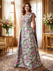 A-Line/Princess One Shoulder Jacquard Floor-Length Mother of the Bride & Groom Dresses with Ruched Waist & Pockets