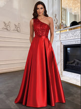 A-Line/Princess One Shoulder Empire Waist Floor-Length Formal Evening Dresses with Sequin