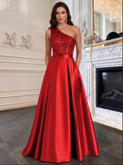 A-Line/Princess One Shoulder Empire Waist Floor-Length Formal Evening Dresses with Sequin