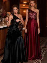 A-Line/Princess One Shoulder Empire Waist Floor-Length Formal Evening Dresses with Sequin