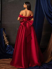 A-Line/Princess Off Shoulder Empire Waist Floor-Length Formal Dresses with Bow