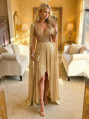 A Line Deep V Neck Asymmetrical Sequined Formal Evening Dresses with Pleats
