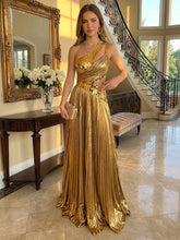 A Line/Princess One Shoulder Acrylic Long Pleated Formal Evening Dresses with Cut Out