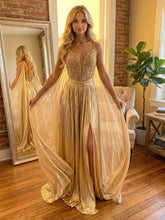 A Line Spaghetti Straps Metallic Long Mixed Formal Evening Dresses with Split Side