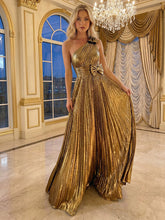 A Line One Shoulder Bow Floor Length Formal Evening Dresses with Pleats