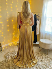 A Line One-Shoulder Acrylic Floor Length Pleated Chic Formal Evening Dresses with Cut Out