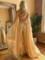 2 Piece Metallic Pantsuits Cold Shoulder Long Elegant Evening Dresses with Cape