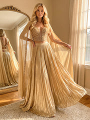 2 Piece Metallic V Neck Floor Length Elegant Formal Evening Dresses with Cape