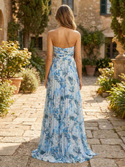 A-Line Strapless Pleated Chiffon Floral Print Floor-Length Formal Dresses