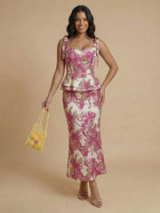 2-Piece Sheath Floral Jacquard Tea-Length Formal Dresses with Peplum Waist & Tie Straps