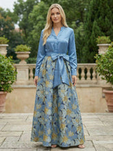 A-Line Long Sleeves Floral Jacquard V-Neck Formal Dresses with Satin Bodice & Belt