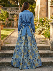 A-Line Long Sleeves Floral Jacquard V-Neck Formal Dresses with Satin Bodice & Belt