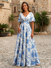A-Line Floral Print Short Sleeves Floor-Length Formal Dresses with Ruched Waist
