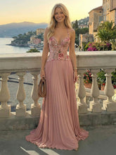 A-Line Halter Chiffon Pleated Floor-Length Formal Dresses with 3D Floral Embellished Mesh Bodice