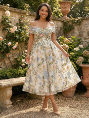 A-Line Tea-Length Off Shoulder Formal Dresses with Floral Embroidered