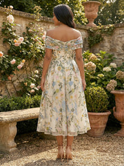 A-Line Tea-Length Off Shoulder Formal Dresses with Floral Embroidered