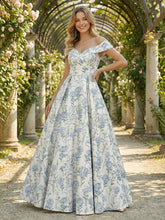 A-Line Floor-Length Jacquard Satin Off Shoulder Formal Dresses Ball Gowns