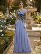 A-Line Pleated Chiffon Floor-Length Evening Dresses with Cowl Neck & Floral Lace Bodice
