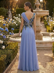 A-Line Pleated Chiffon Floor-Length Evening Dresses with Cowl Neck & Floral Lace Bodice
