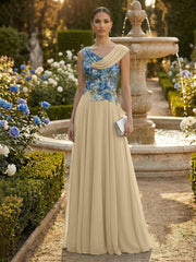 A-Line Pleated Chiffon Floor-Length Evening Dresses with Cowl Neck & Floral Lace Bodice