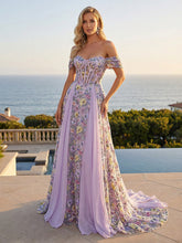 A-Line Pleated Off Shoulder Maxi Evening Dresses with Corset Bodice & Floral Embroidery