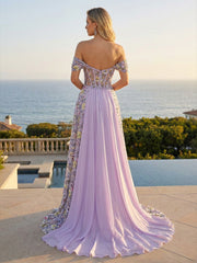 A-Line Pleated Off Shoulder Maxi Evening Dresses with Corset Bodice & Floral Embroidery