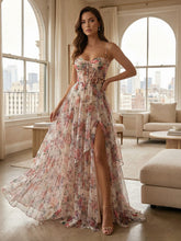 A-Line Spaghetti Straps Chiffon Floral Print Maxi Formal Dresses with Slit