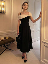 A-Line Satin Tea-Length Off Shoulder Pleated Corset Formal Dresses