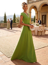 A-Line Satin V-Neck Rhinestones Floor-Length Formal Dresses