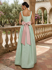 A-Line Satin Square Neck Floor-Length Formal Dresses with Bow Waist
