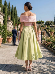 A-Line Satin Off Shoulder Tea-Length Mixed Color Formal Dresses