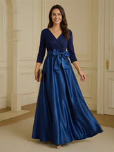 A-Line V-Neck 3/4 Sleeves Satin Floor-Length Formal Dresses with Bow Belt