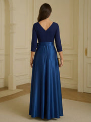 A-Line V-Neck 3/4 Sleeves Satin Floor-Length Formal Dresses with Bow Belt