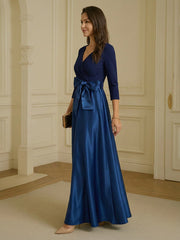 A-Line V-Neck 3/4 Sleeves Satin Floor-Length Formal Dresses with Bow Belt