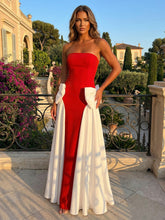 A-Line Strapless Satin Mixed Color Floor-Length Formal Dresses with Bow Waist