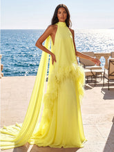 A-Line/Princess Halter Chiffon Maxi Formal Dresses with Feather Trim & Scarf