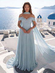 A-Line/Princess Off Shoulder Chiffon Maxi Formal Dresses with Scarf & Pleats