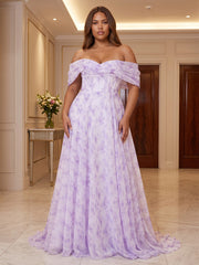 A-Line/Princess Off Shoulder Floral Print Floor-Length Plus Size Formal Dresses with Corset Bodice & Pleats