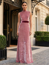 A-Line/Princess High Neck Velvet Maxi Formal Dresses with Belt