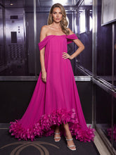A-Line/Princess Off Shoulder Chiffon High-Low Formal Dresses with Feather Trim & Pleats