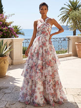 A-Line/Princess Halter Floral Print Maxi Formal Dresses with Tiered Layers & Ruched Waist