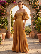 A-Line/Princess Off Shoulder Satin Maxi Formal Dresses with Pleats