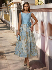 A-Line/Princess Elegant Cocktail Dresses Satin Jacquard Tea-Length with Bowknot