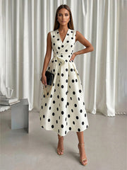A-Line/Princess Elegant Cocktail Dresses Satin V-Neck Tea-Length Polka Dots Sleeveless with Bowknot