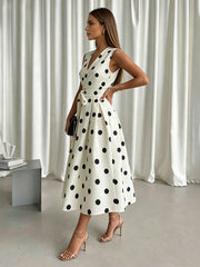 A-Line/Princess Elegant Cocktail Dresses Satin V-Neck Tea-Length Polka Dots Sleeveless with Bowknot