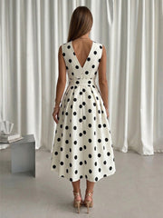 A-Line/Princess Elegant Cocktail Dresses Satin V-Neck Tea-Length Polka Dots Sleeveless with Bowknot