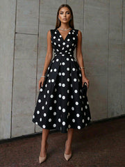 A-Line/Princess Elegant Cocktail Dresses Satin V-Neck Tea-Length Polka Dots Sleeveless