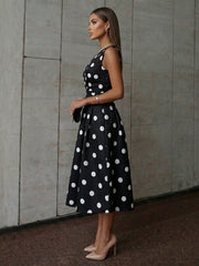 A-Line/Princess Elegant Cocktail Dresses Satin V-Neck Tea-Length Polka Dots Sleeveless