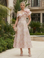 A-Line/Princess Elegant Cocktail Dresses Off Shoulder Jacquard Tea-Length Flower