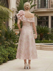 A-Line/Princess Elegant Cocktail Dresses Off Shoulder Jacquard Tea-Length Flower